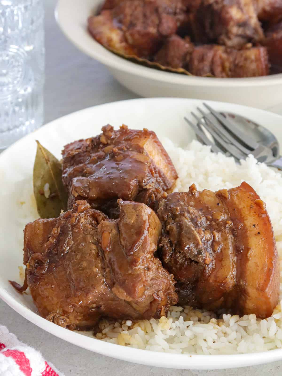 adobong baboy on a white plate with steamed rice on the side.