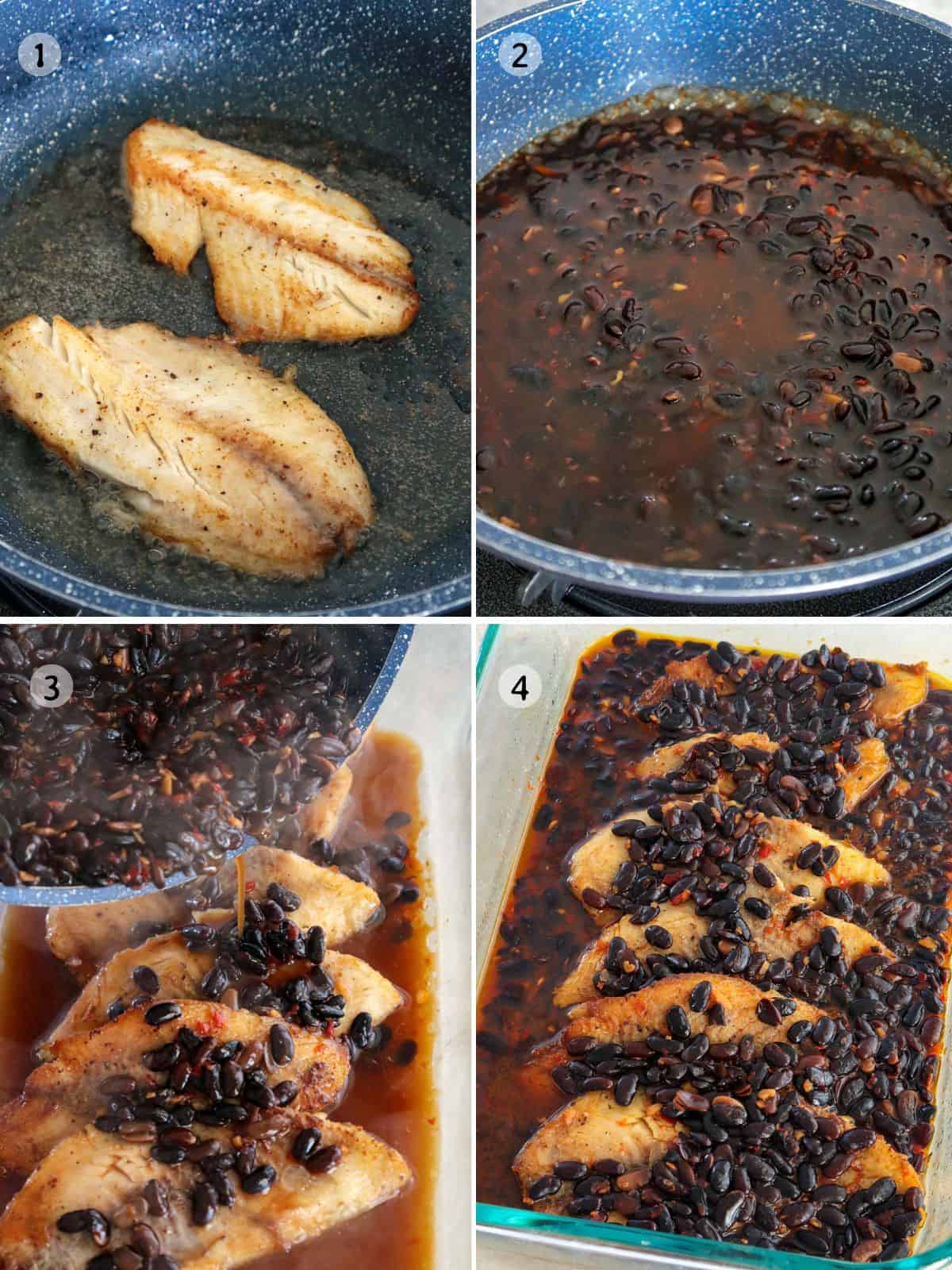 preparing tilapia with black beans and garlic sauce to bake.