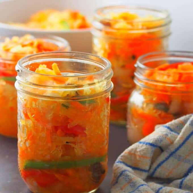 atcharang papaya in mason jars.