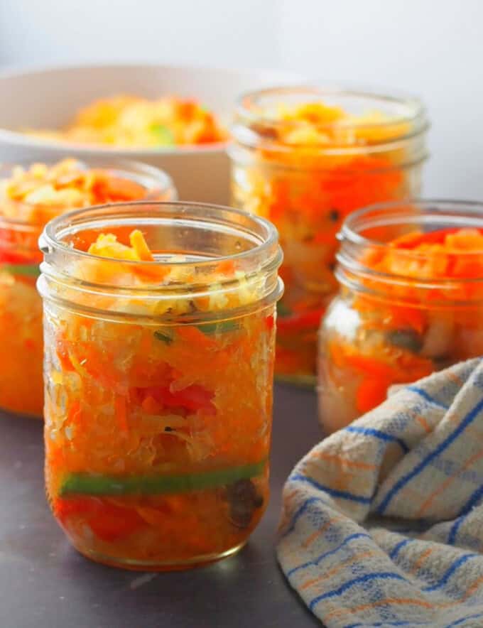 atcharang papaya in mason jars.