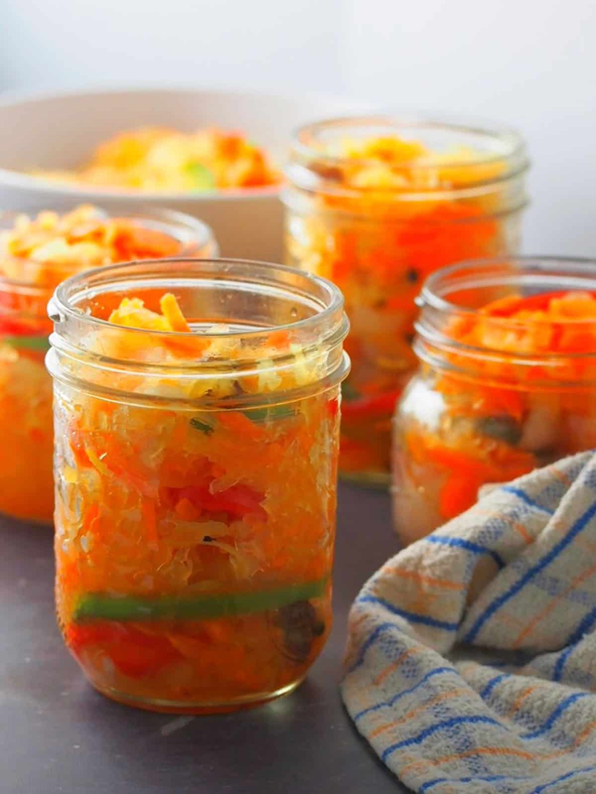 atcharang papaya in mason jars.