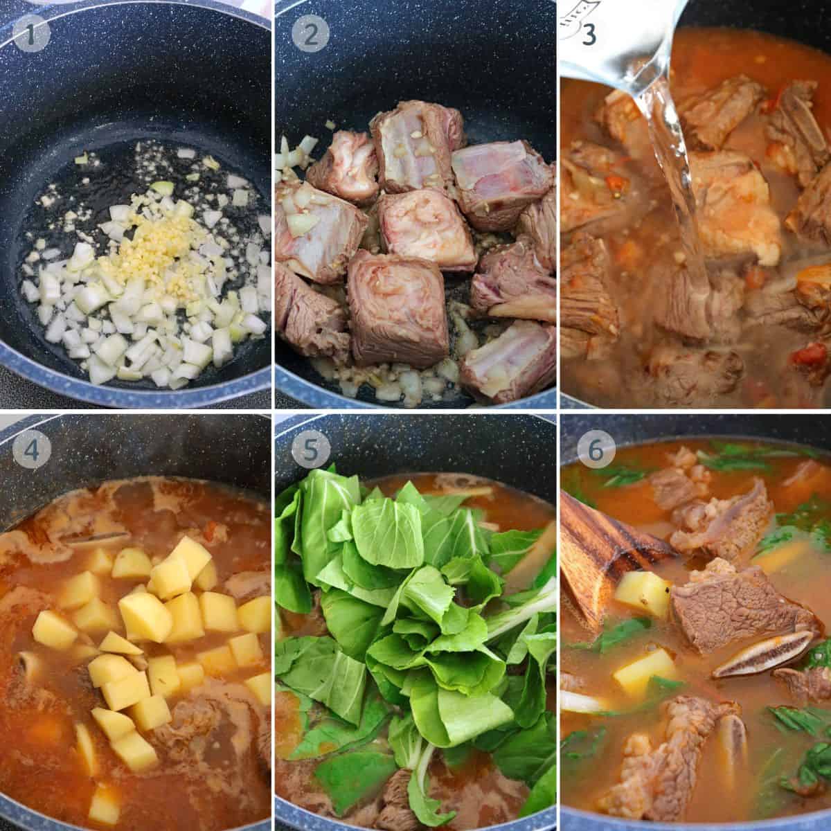 cooking beef potato and pechay soup in a pot.