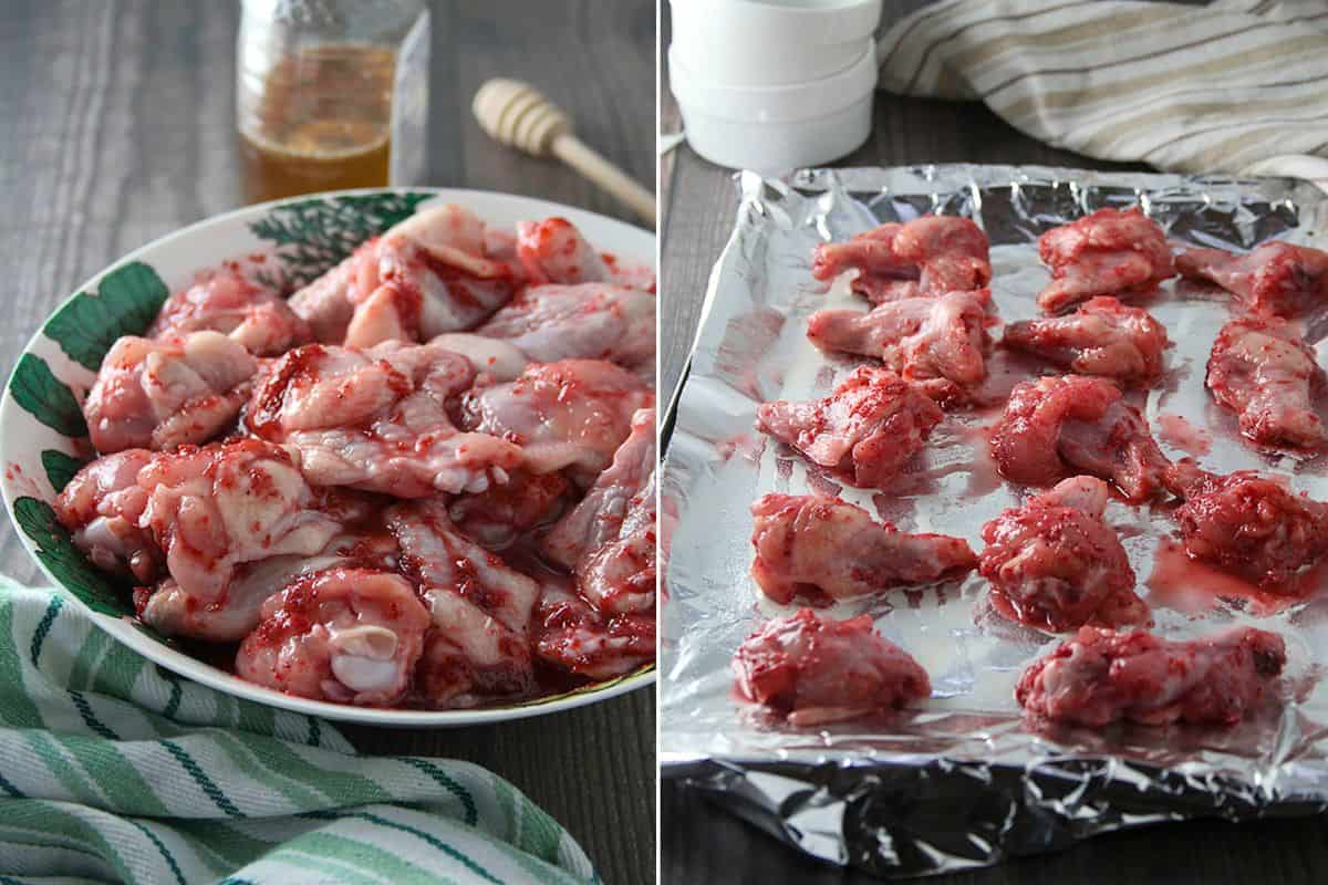 marinating and baking honey bagoong chicken wings.