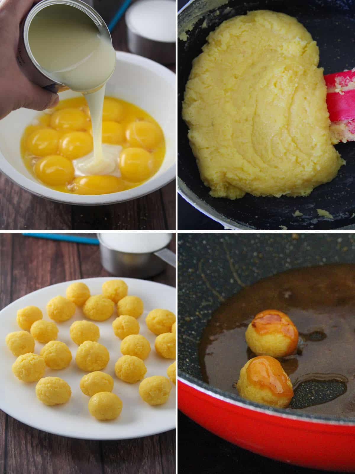 making yema candies with egg yolks and condensed milk.