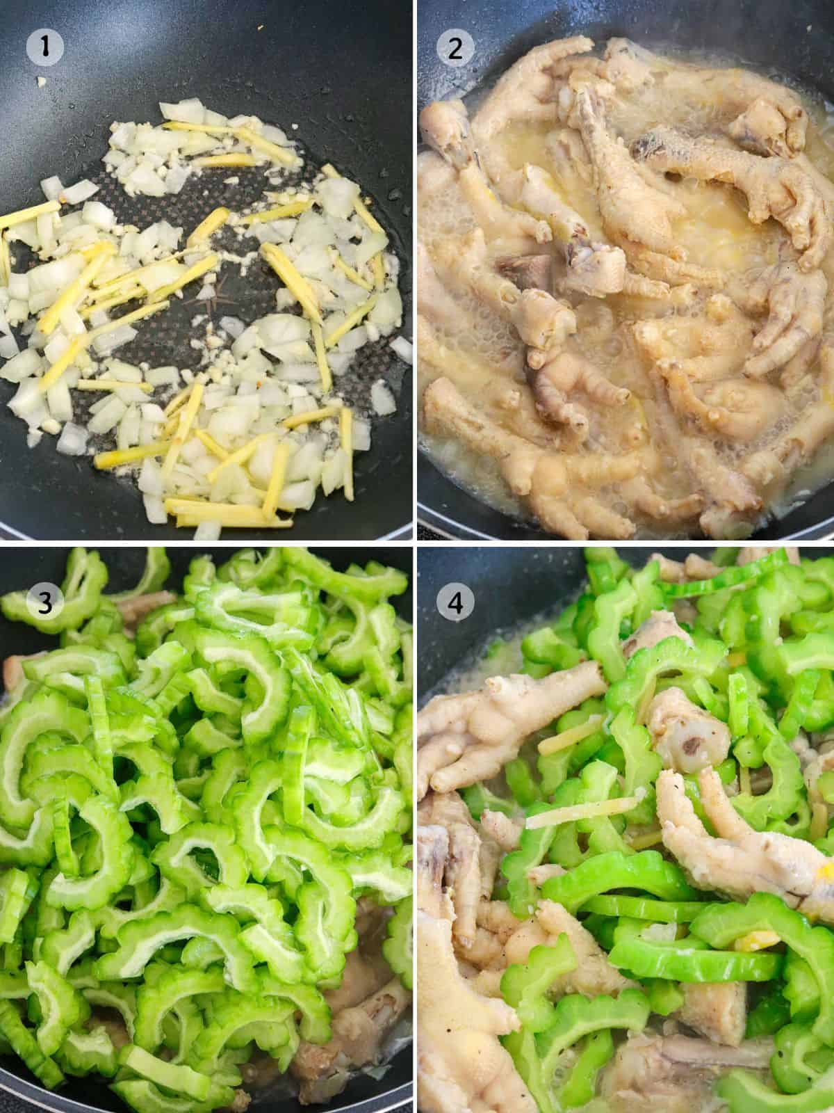 cooking Ampalaya with Chicken Feet in a pan.