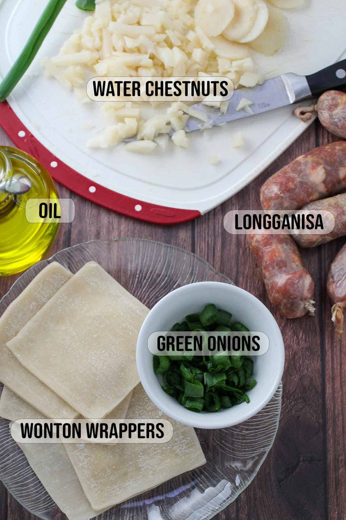 green onions, longganisa, oil, water chestnuts, wonton wrappers.