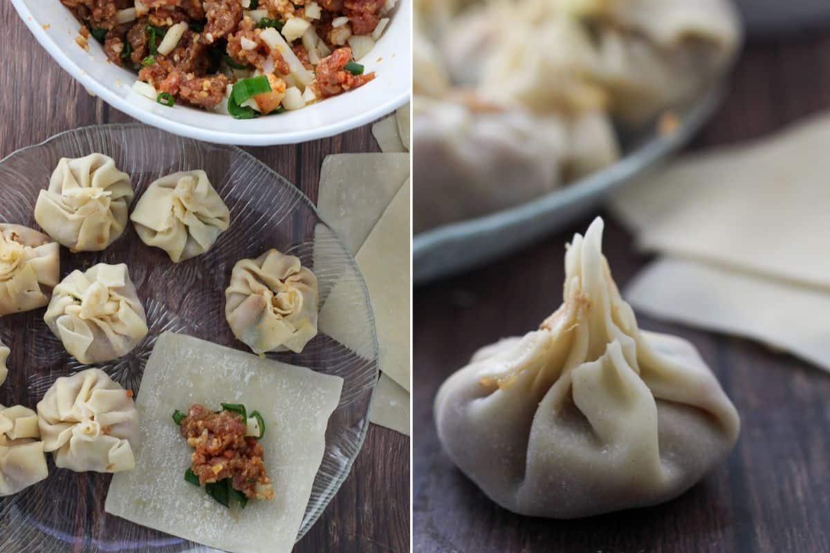 assembling the wontons with meat filling.