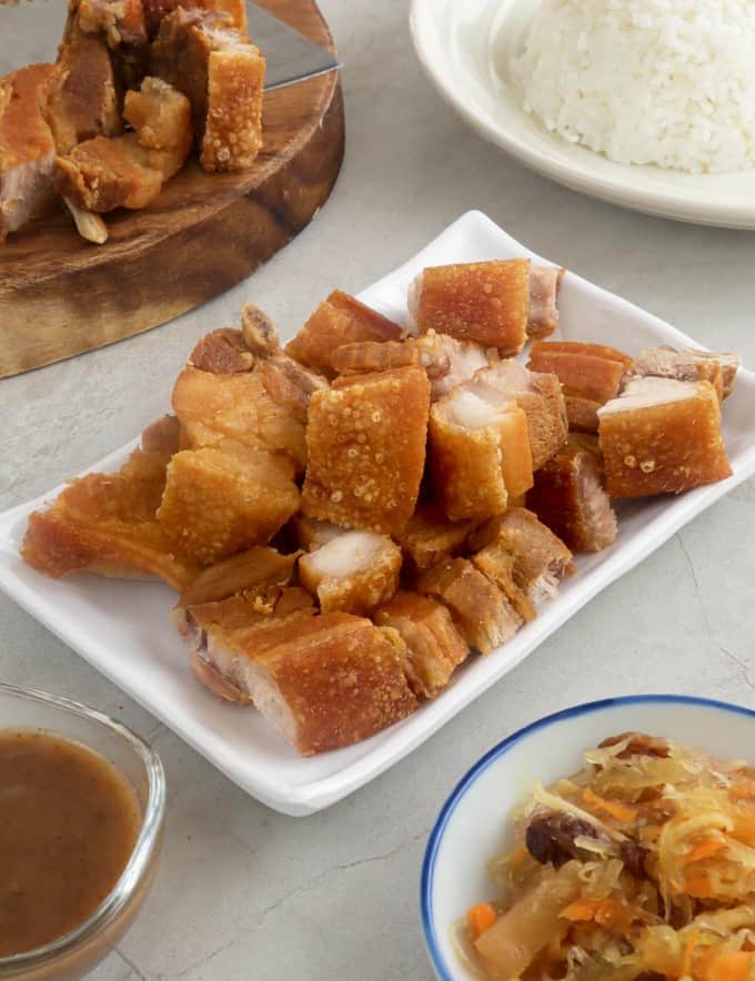 chopped lechon kawali on a serving platter