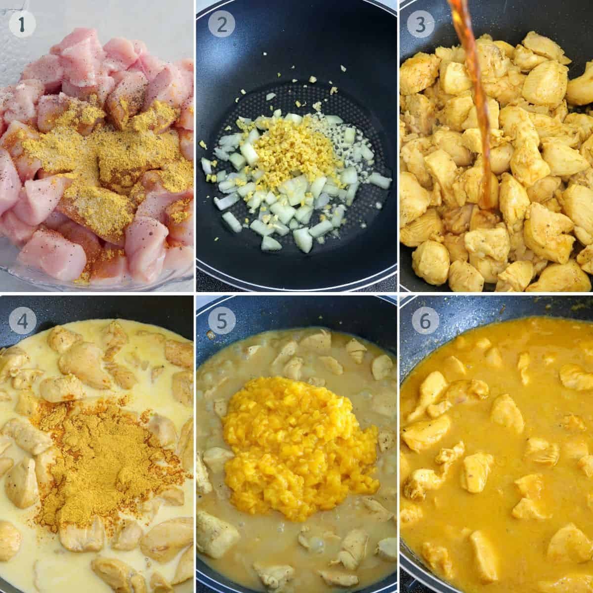 cooking mango chicken curry in a pan.