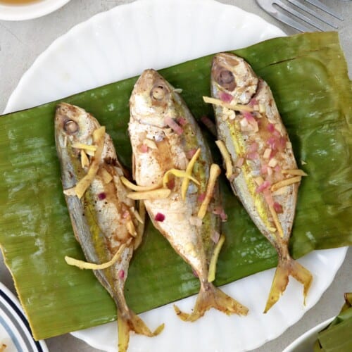 Asian-style fish baked in a banana leaf