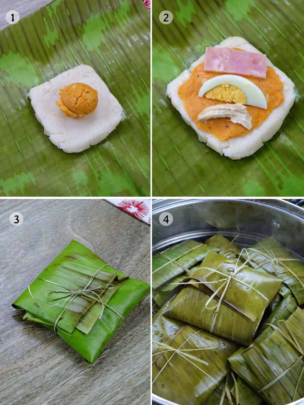 wrapping tamales in banana leaves and steaming.