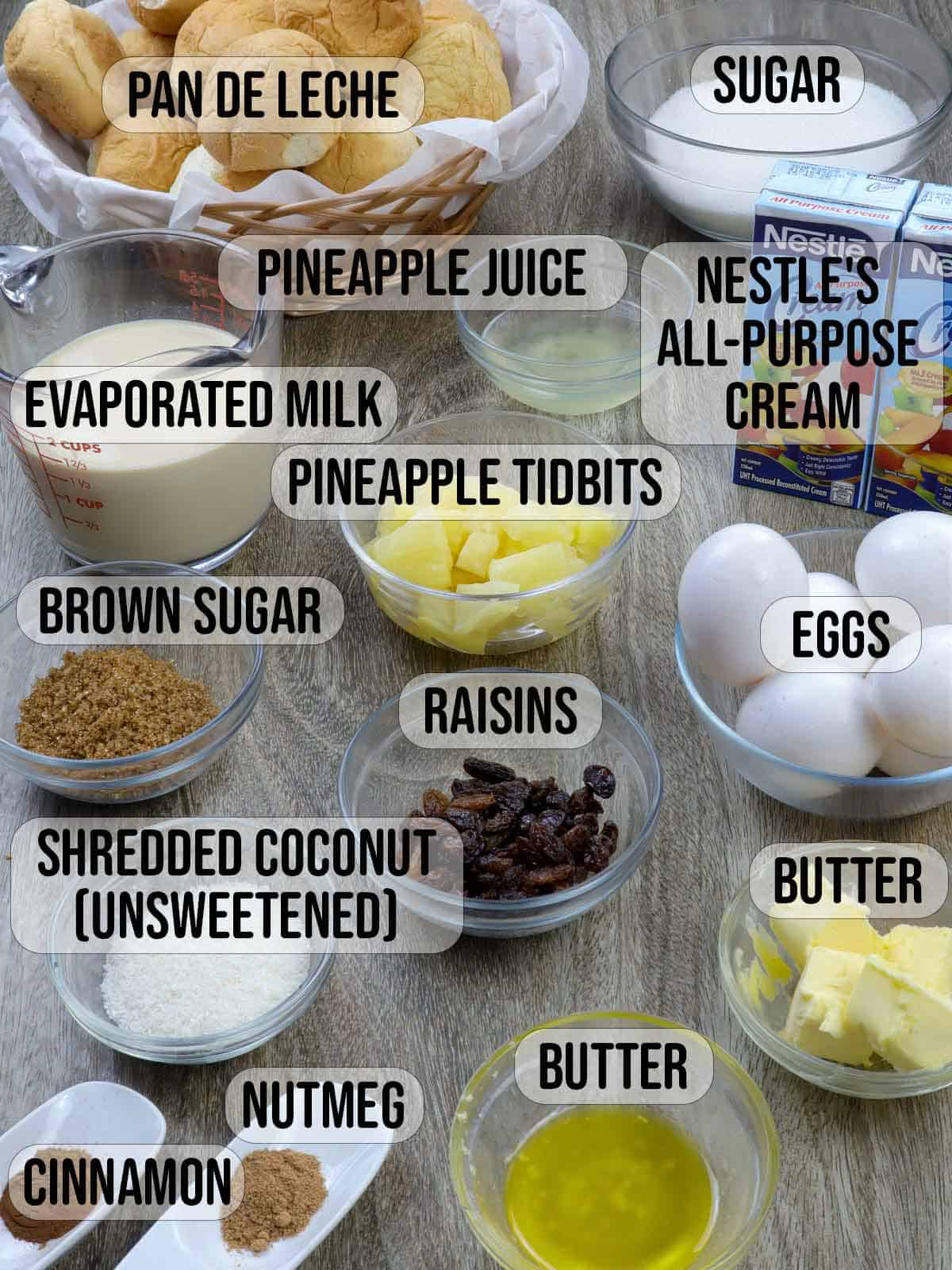 ingredients for Hawaiian Bread Pudding in bowls.