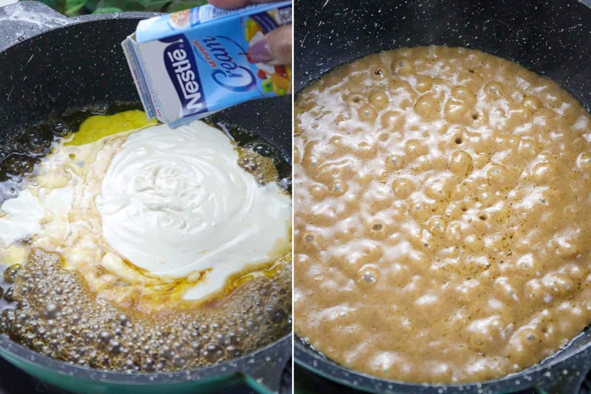 making caramel sauce in a pan with Nestle all-purpose cream.