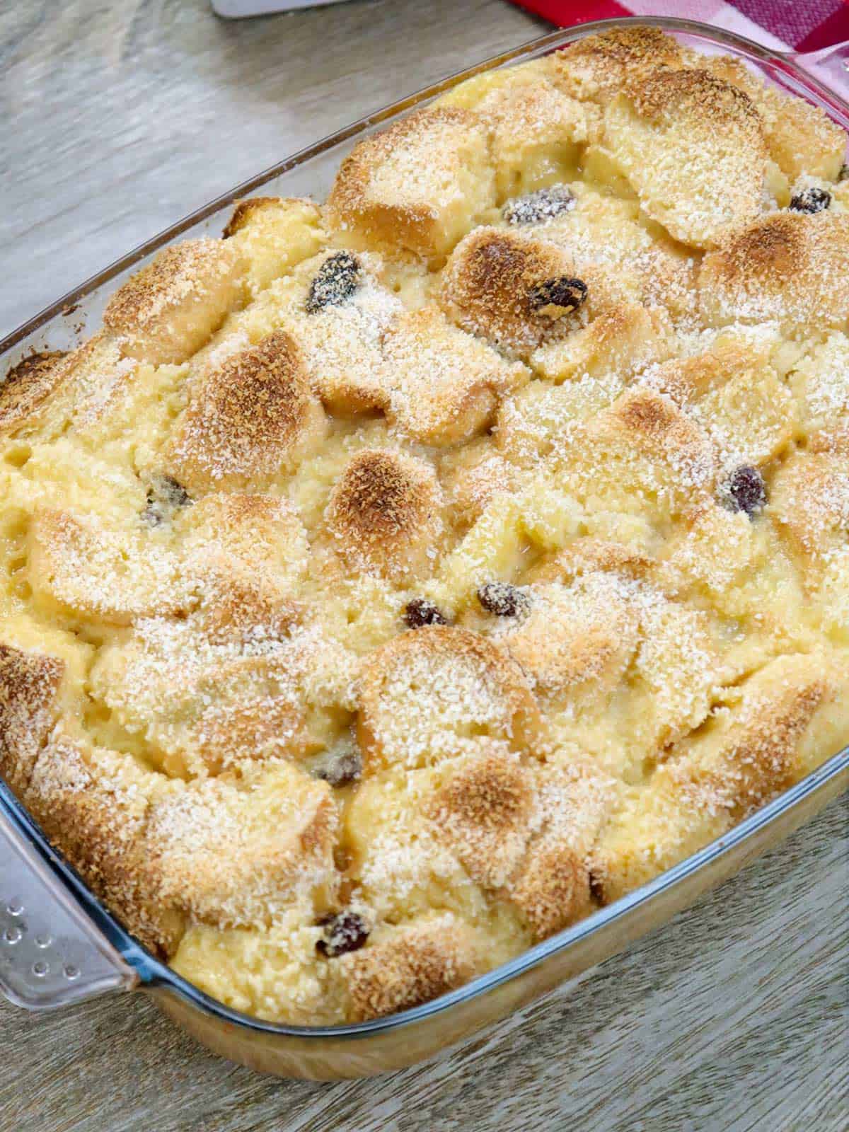 baked bread pudding in a baking dish.