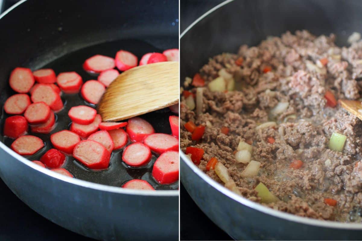 making sweet-style spaghetti sauce in a. pan.