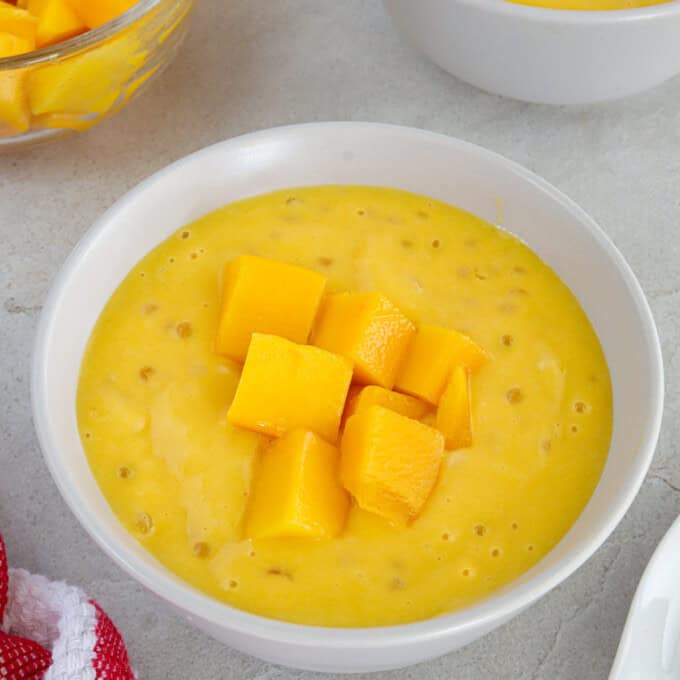 Mango tapioca dessert in a white bowl topped with fresh mango cubes.