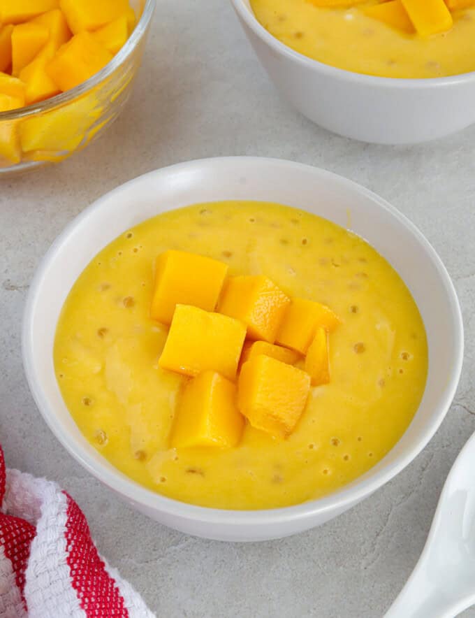 Mango tapioca dessert in a white bowl topped with fresh mango cubes.