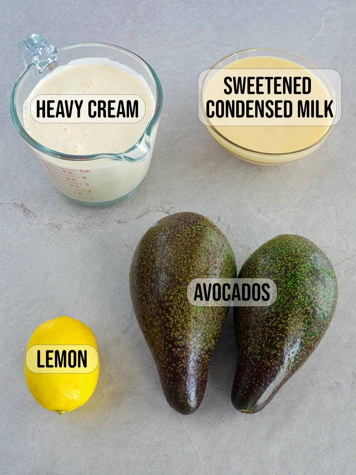 avocados, heavy cream, condensed milk, lemon.