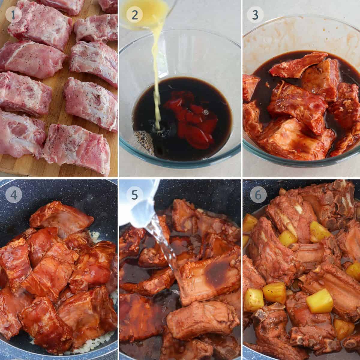 cooking braised spare ribs with ketchup and pineapple chunks.