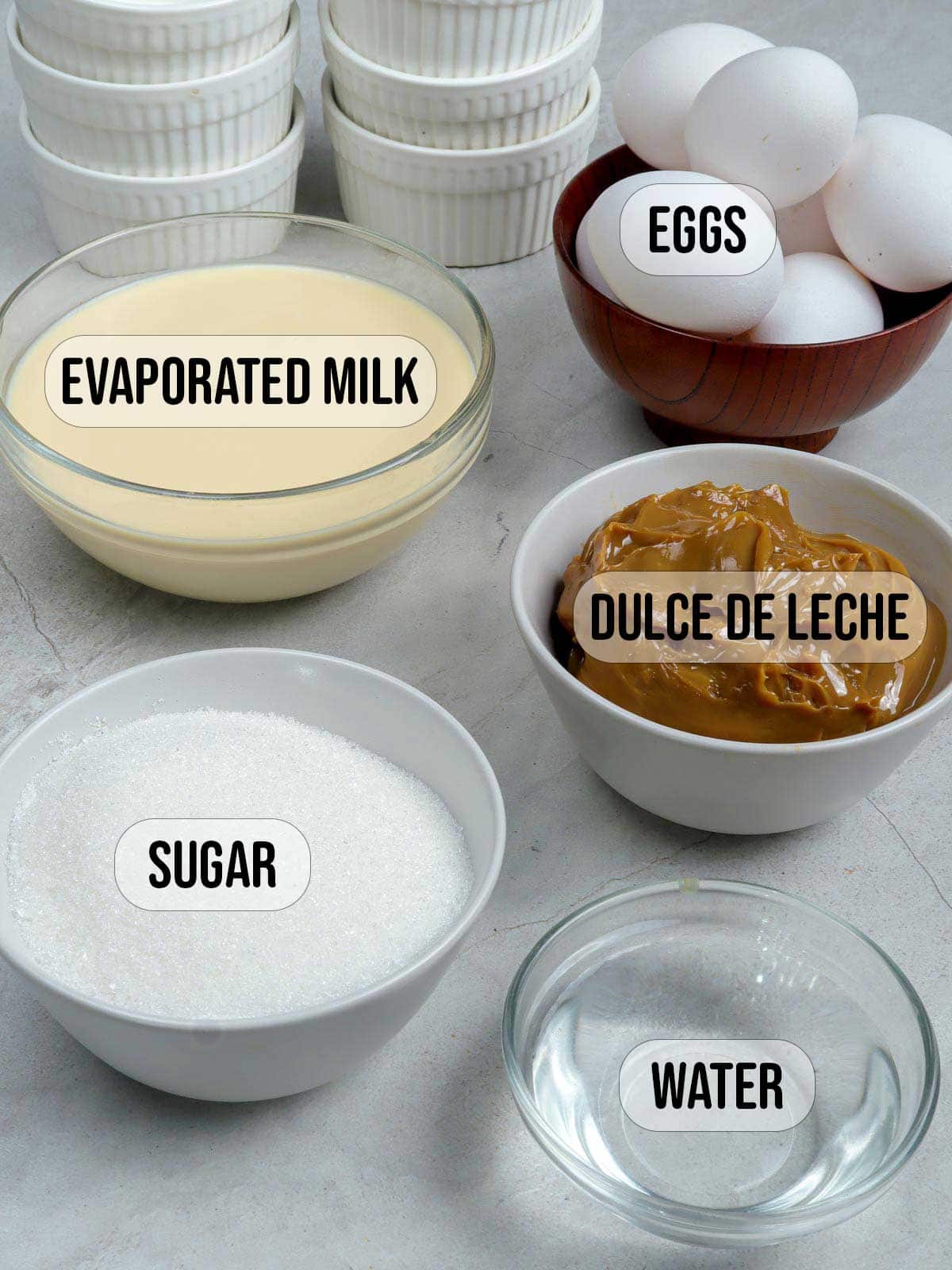 eggs, dulce de leche, sugar, water, evaporated milk.