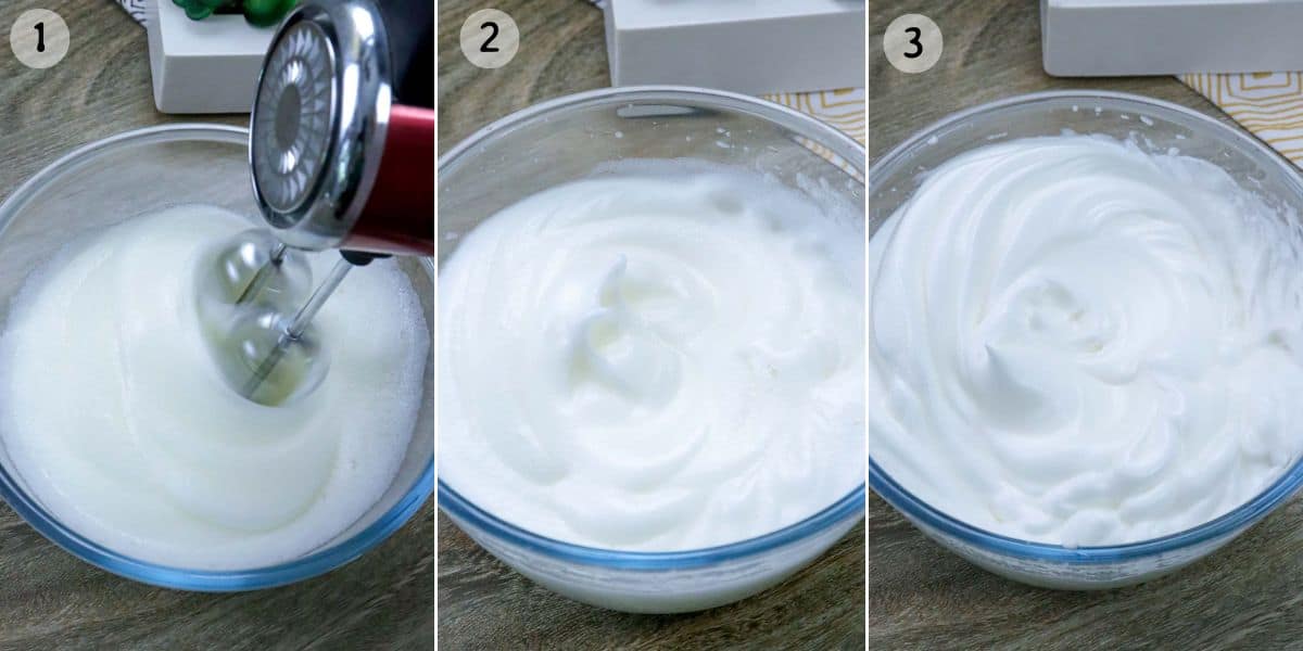 stages of whipping egg whites or meringue in a bowl.