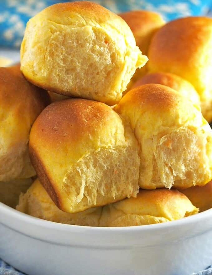 Sweet Potato Dinner Rolls in a white bowl