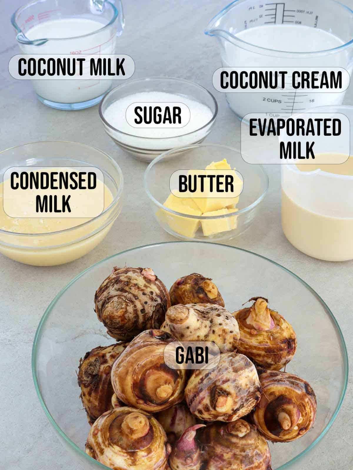 gabi, butter, condensed milk, evaporated milk, coconut milk, sugar, coconut cream in bowls.