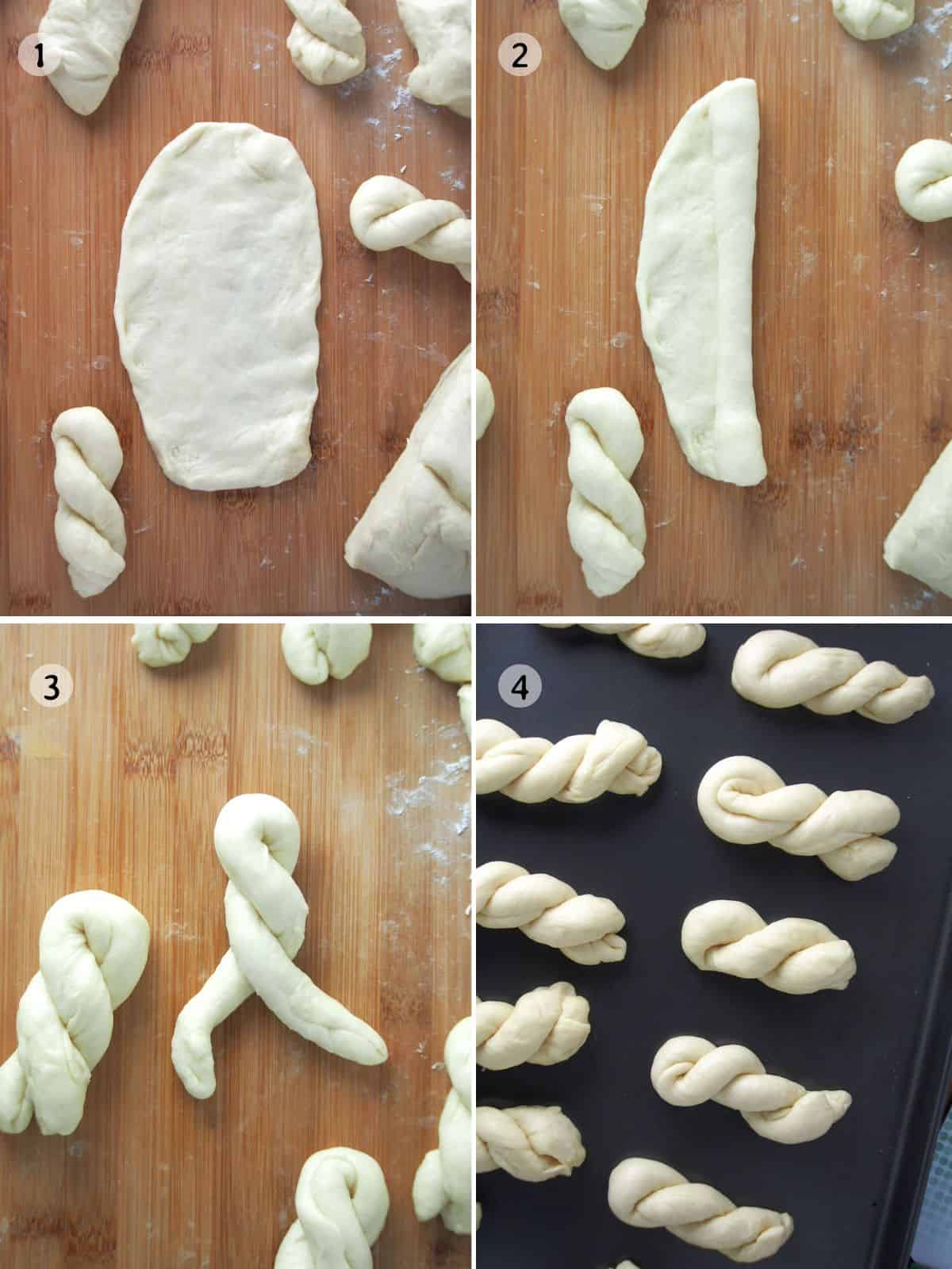 shaping yeast dough into twisted ropes on a wooden board.