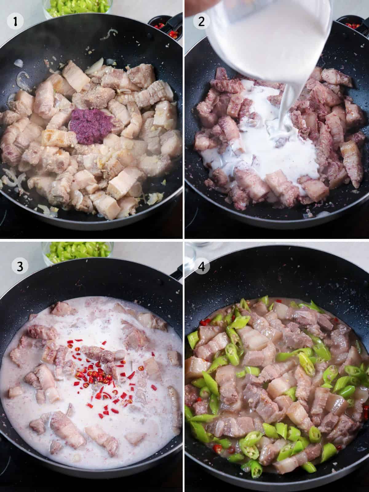 cooking bicol express in a pan.