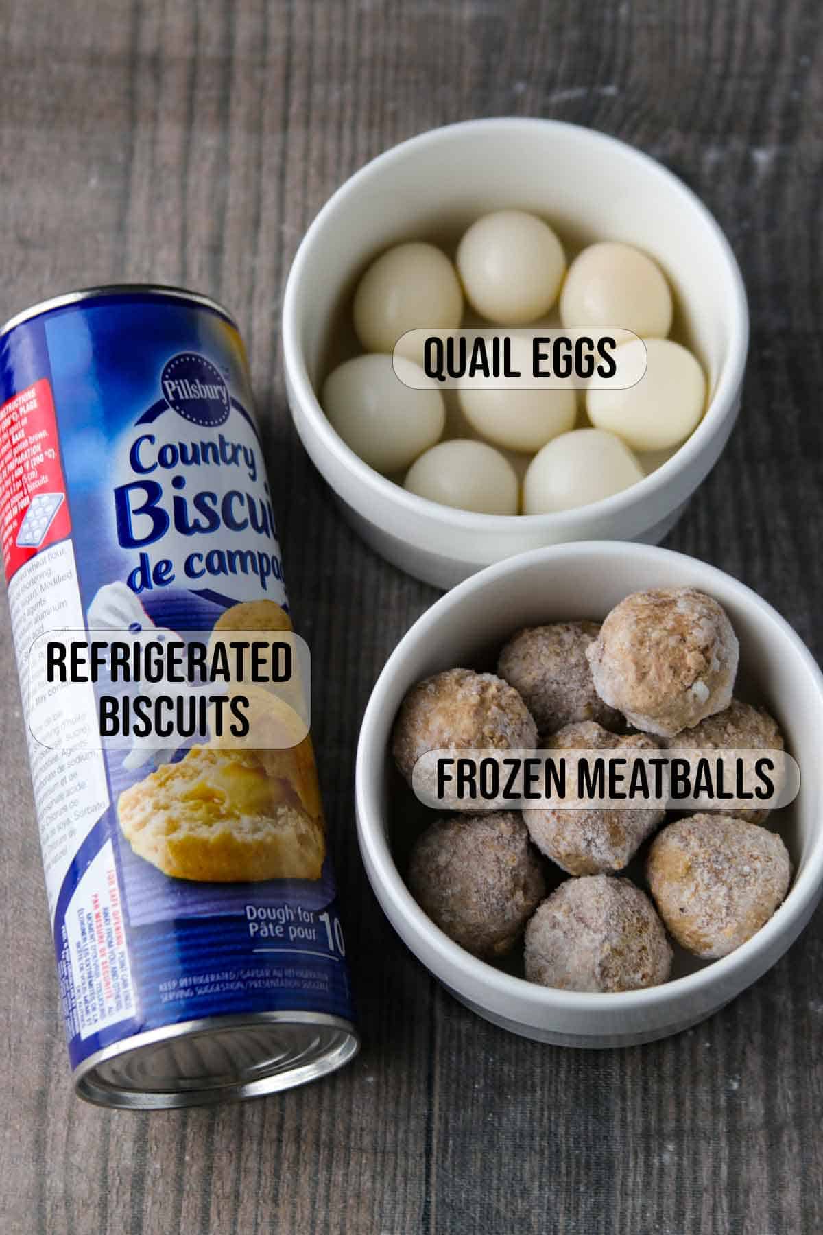 quail eggs, frozen meatballs, tube of refrigerated biscuits.