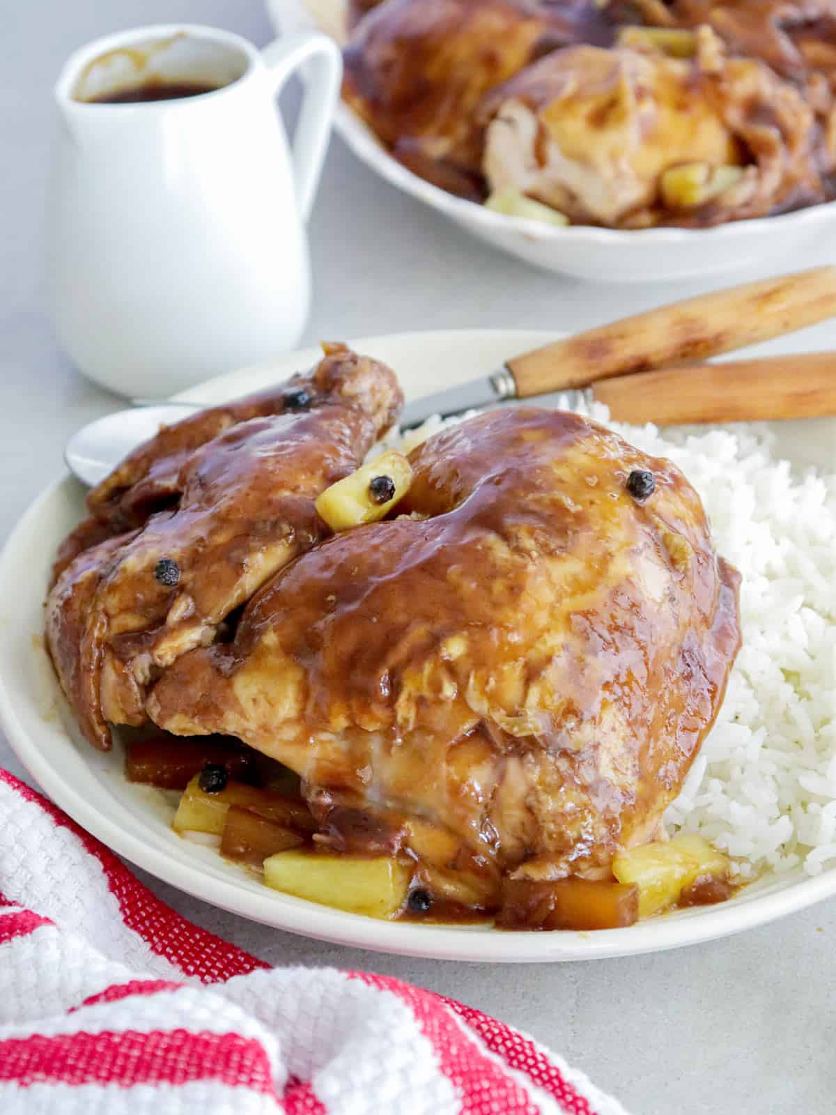 cut-up tiniim na manok with sauce and steamed rice on a white serving plate.