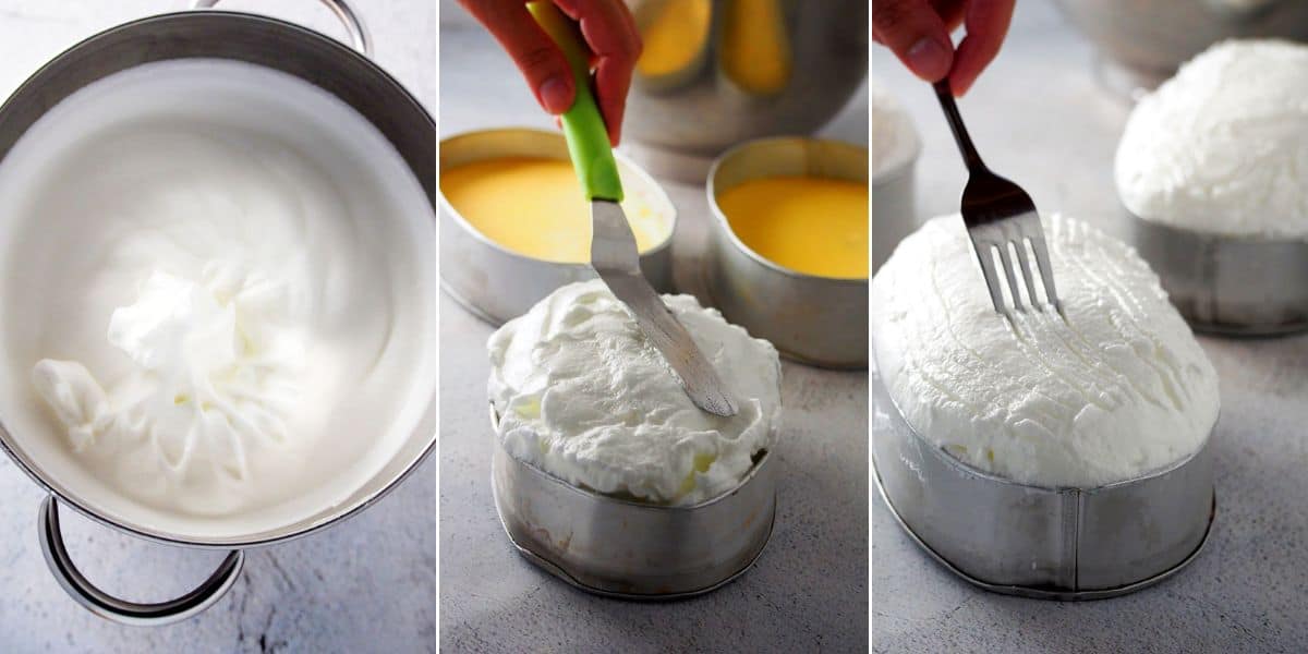 placing meringue layer to make floating island dessert.