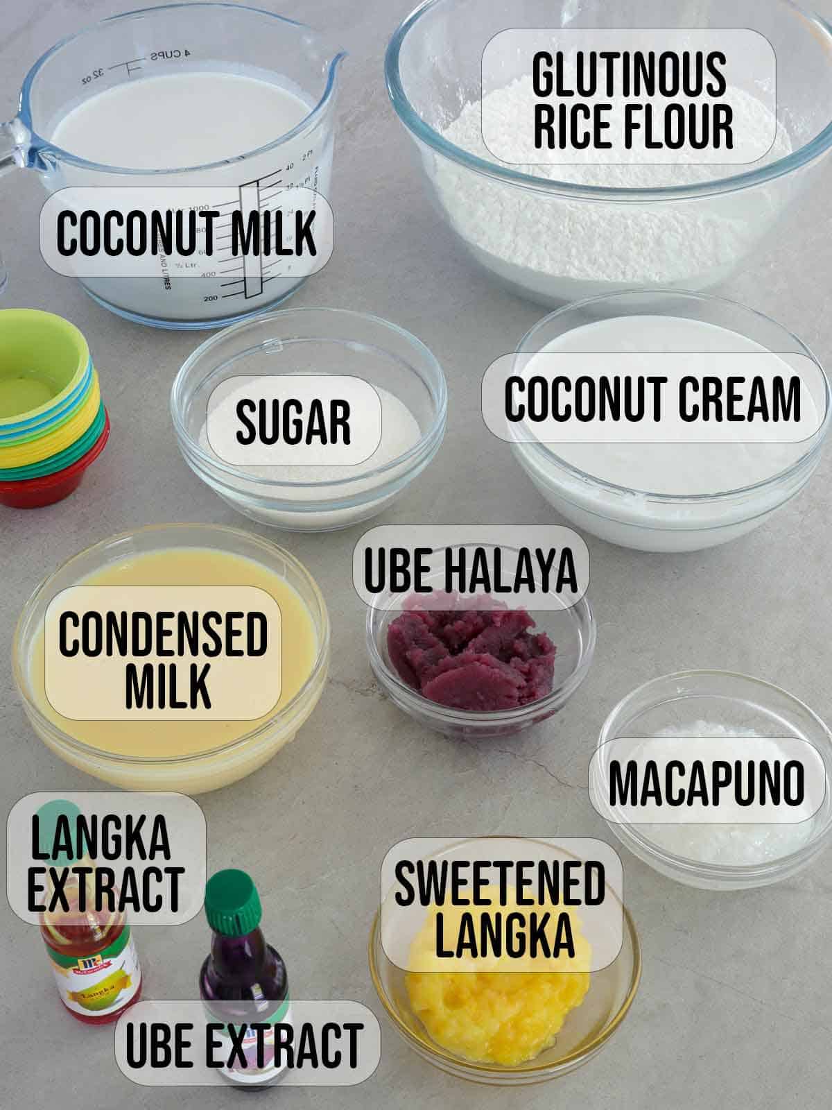 coconut cream, coconut milk, glutinous rice flour, sugar, sweetened jackfruit, ube halaya, macapuno, condensed milk, langka extract, ube extract.