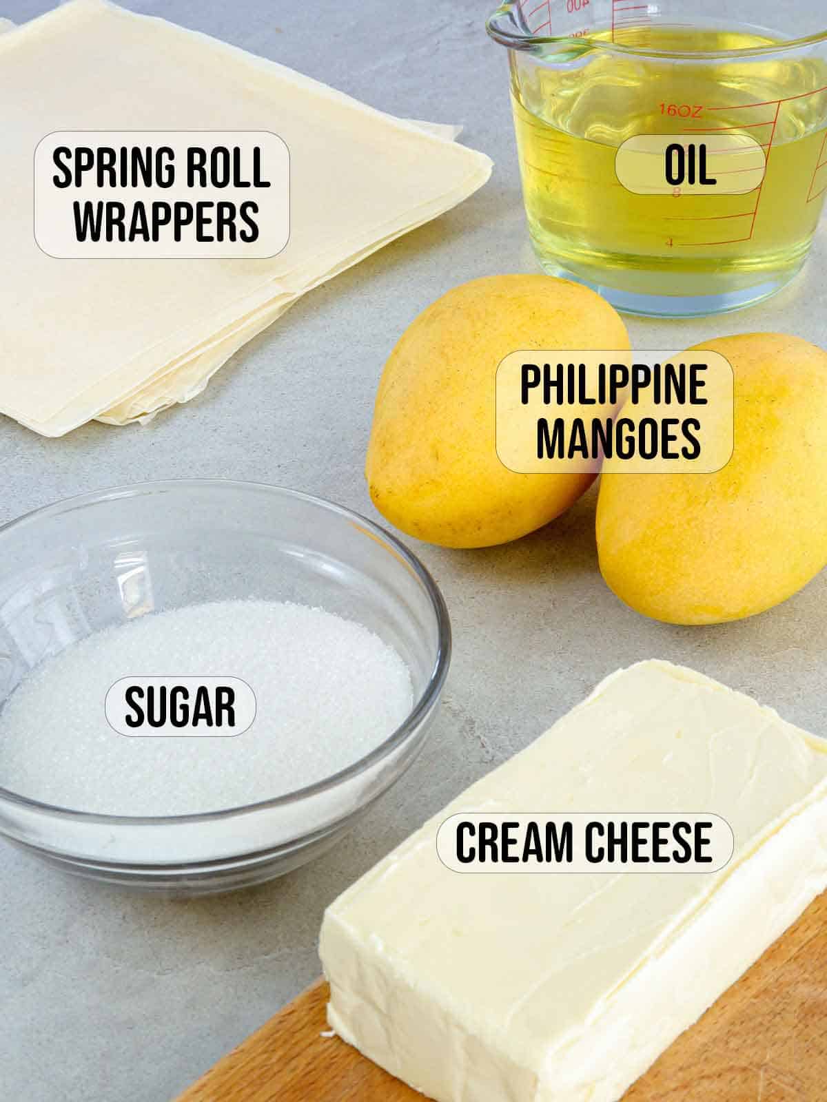 lumpia wrapper, cream cheese, mangoes, sugar, oil.