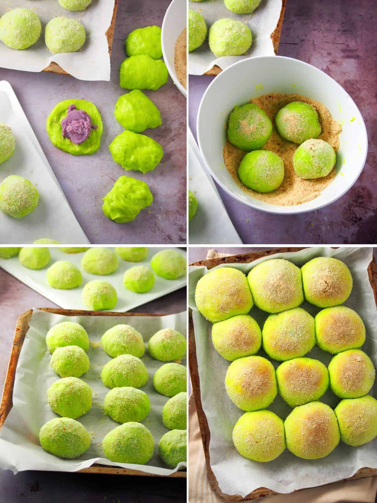 assembling and baking pandan pandesal with ube halaya filling.