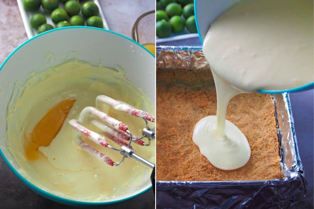 making cheesecake batter in a bowl and pouring over graham cracker crust in a pan.