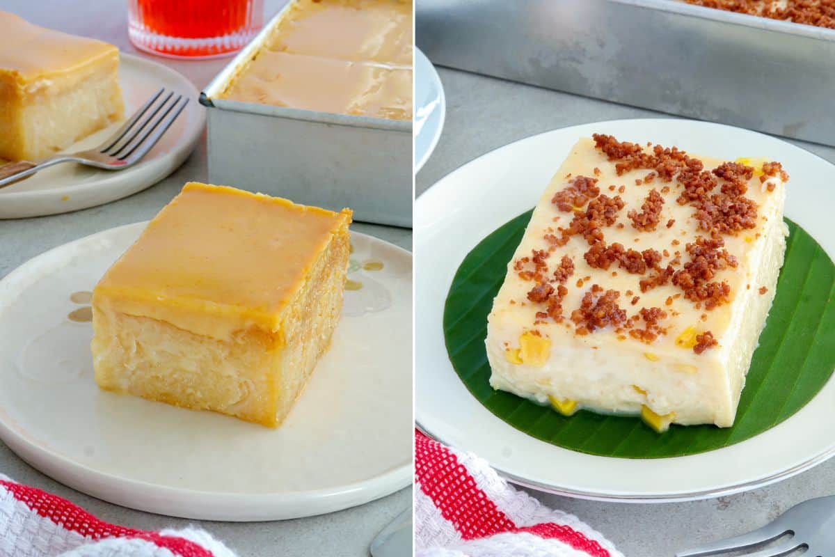 slice of cassava cake and maja blanca on white plates.