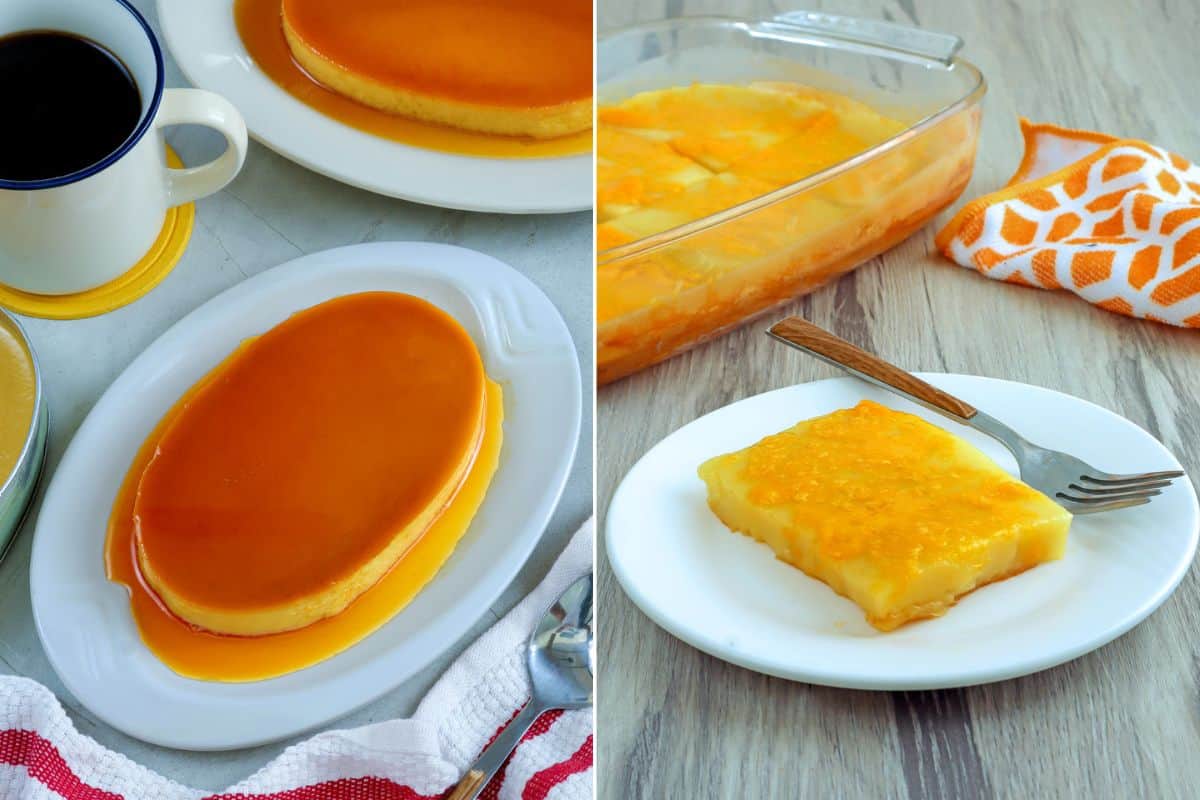 leche flan and slice of royal bibingka on white serving plates.