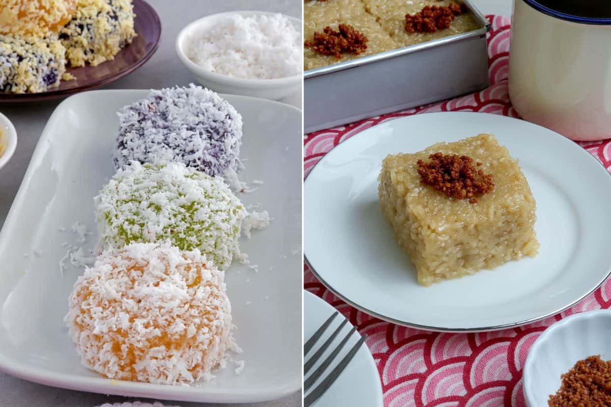 pichi pichi and slice of biko on serving plates.