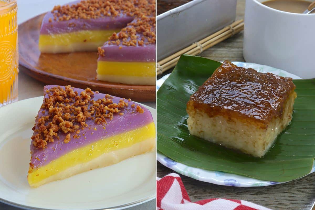 slice of sapin sapin and bibingka malagkit on plates.