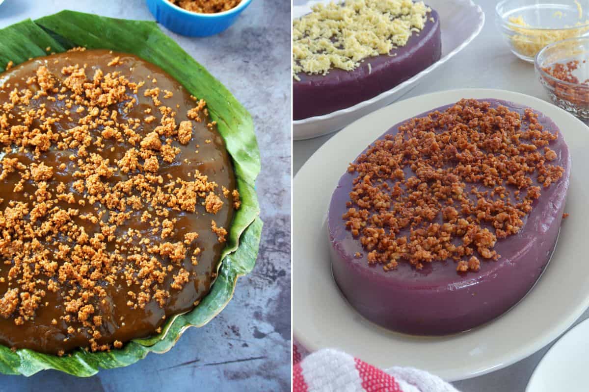 kalamay hati and ube halaya on serving plates.