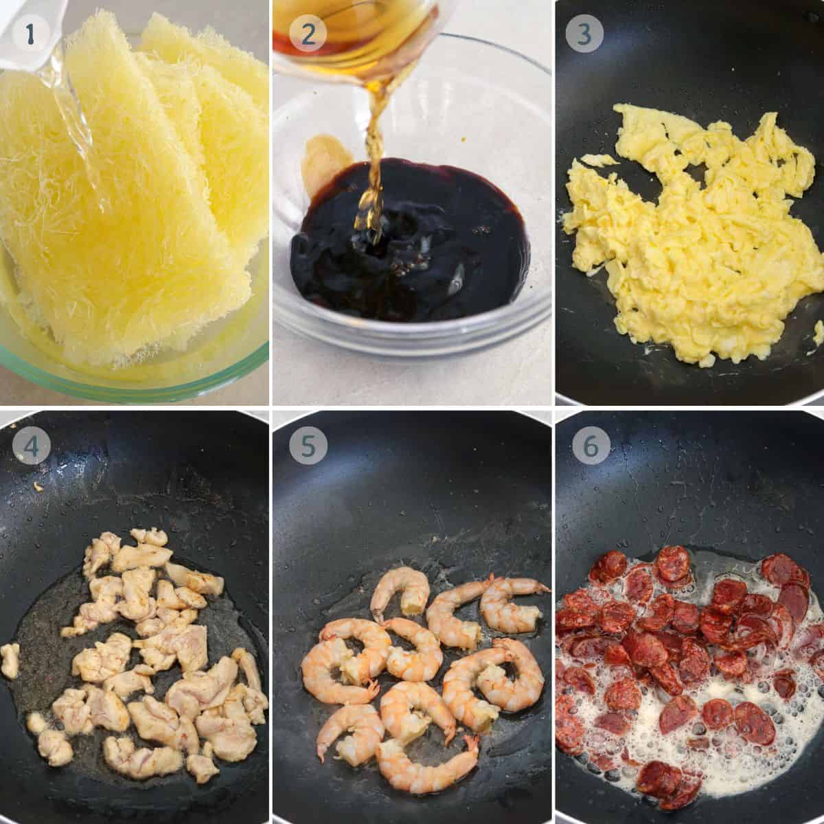 preparing ingredients for Singapore noodles.