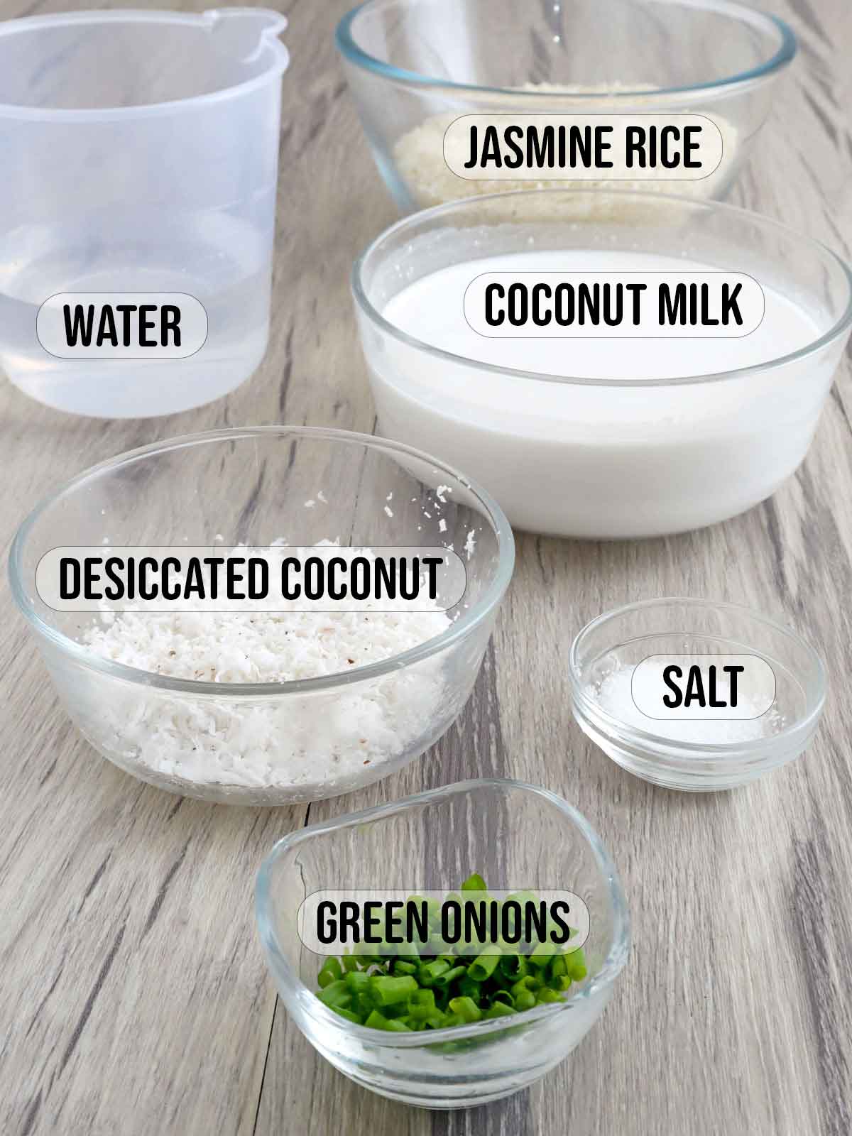 Jasmine rice, coconut milk, shredded coconut, salt, green onions in bowls.