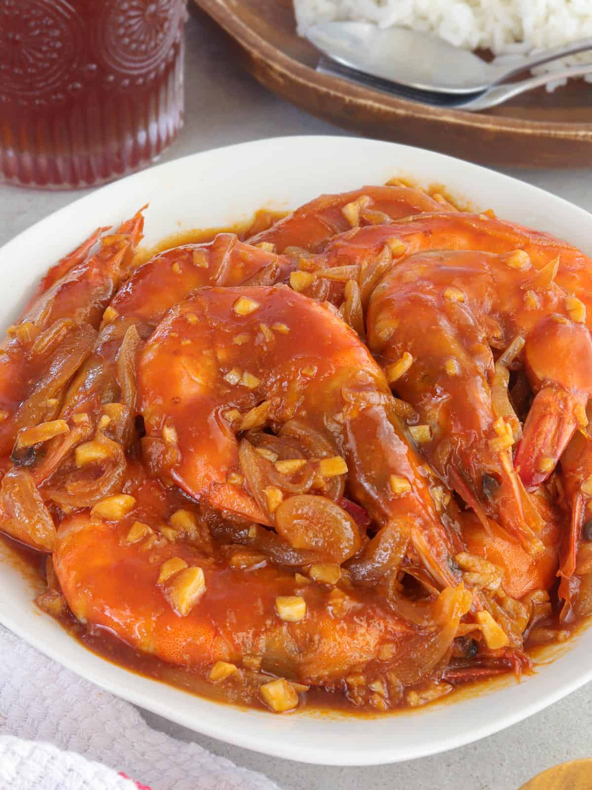 Shrimp with Oyster Sauce on a white serving plate.