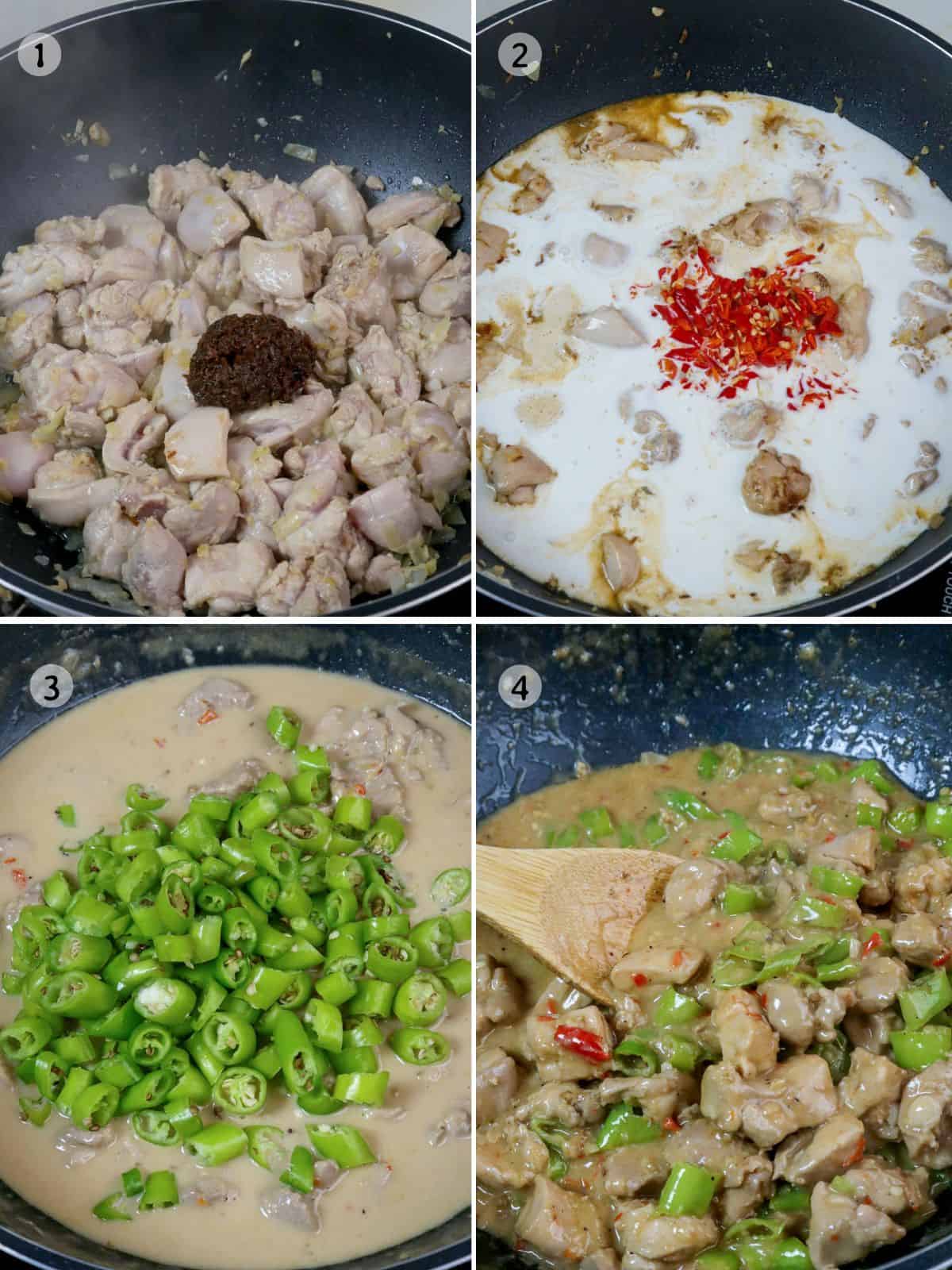 cooking bicol express using chicken in a pan.