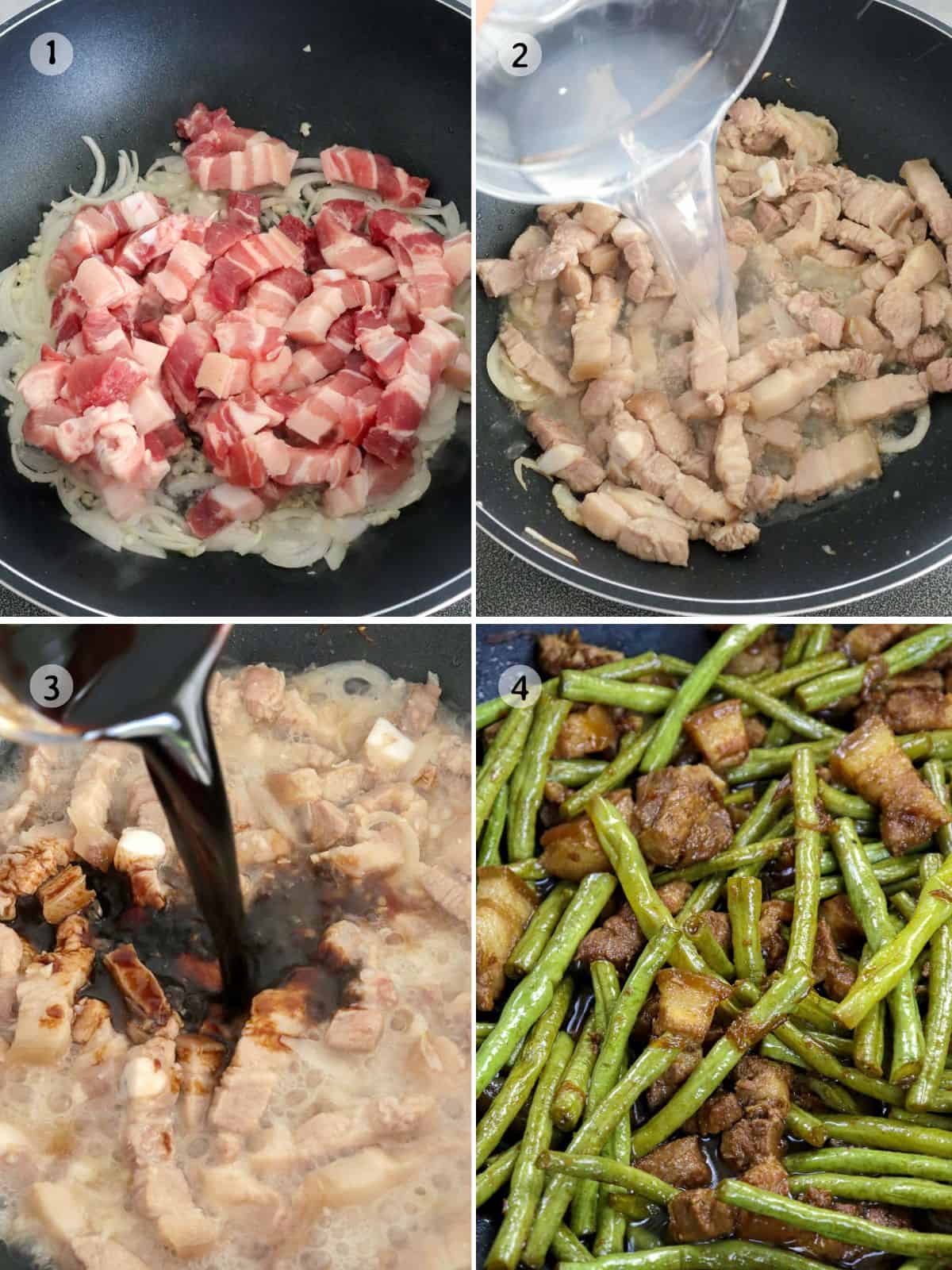 cooking adobong sitaw in a pan.