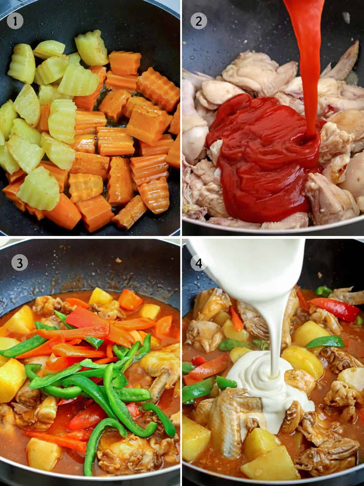 cooking chicken afritada with all-purpose cream in a pan.