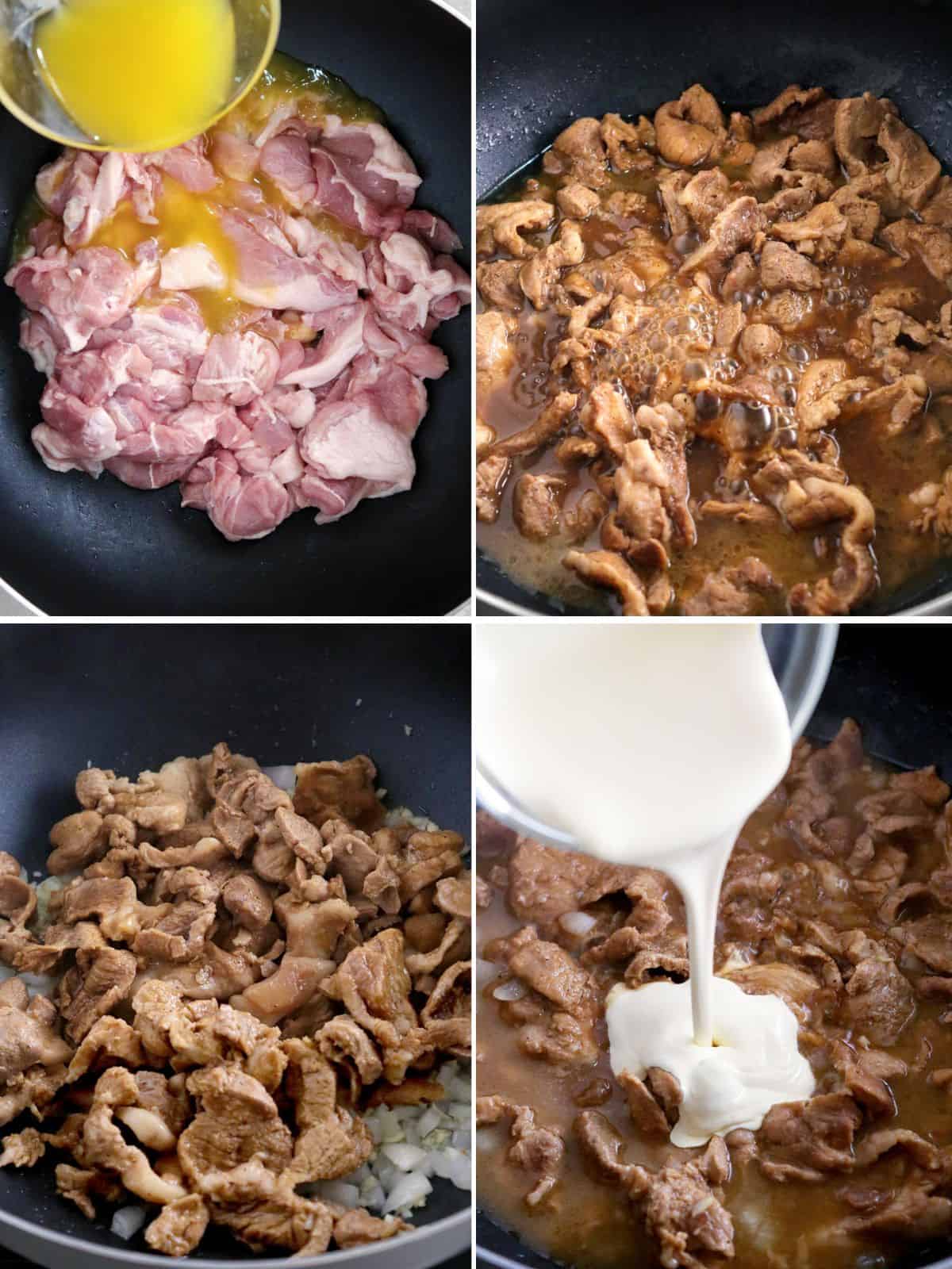 cooking Creamy Pork Steak in a pan.