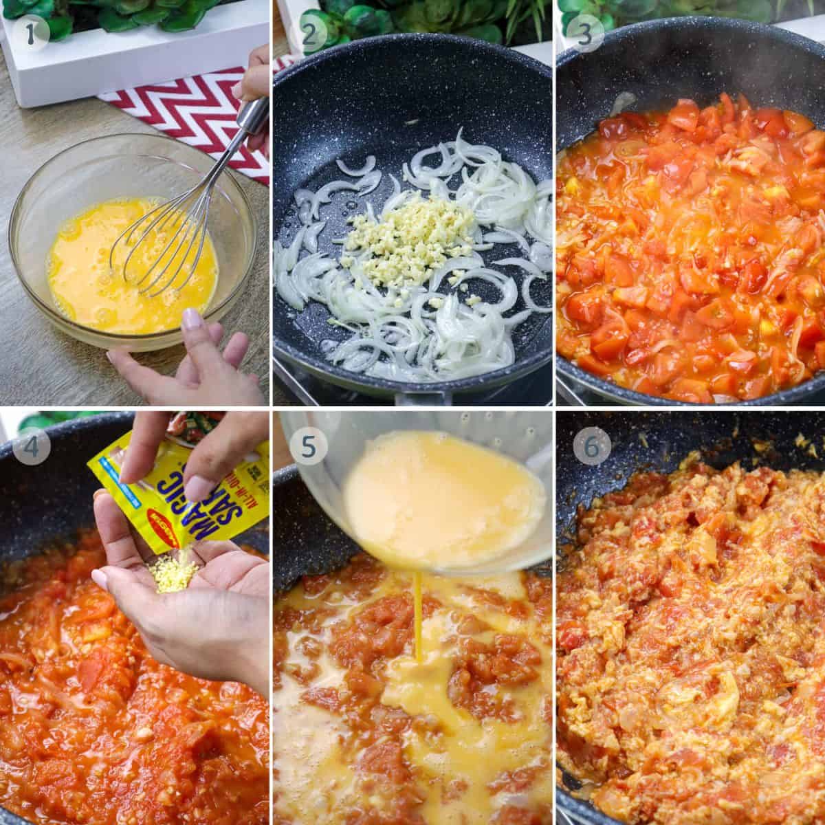 cooking ginisang kamatis at itlog in a pan.