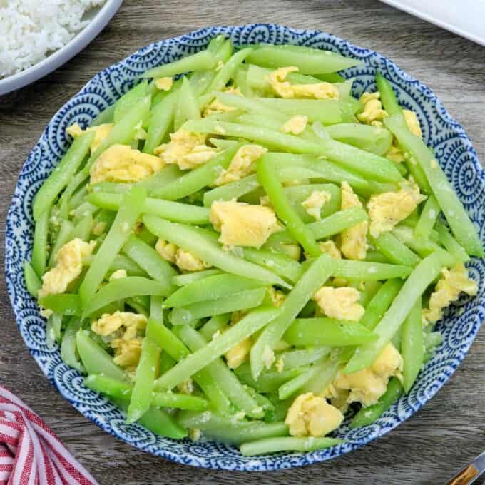 Chayote and Egg Stir-fry in a blue bowl.